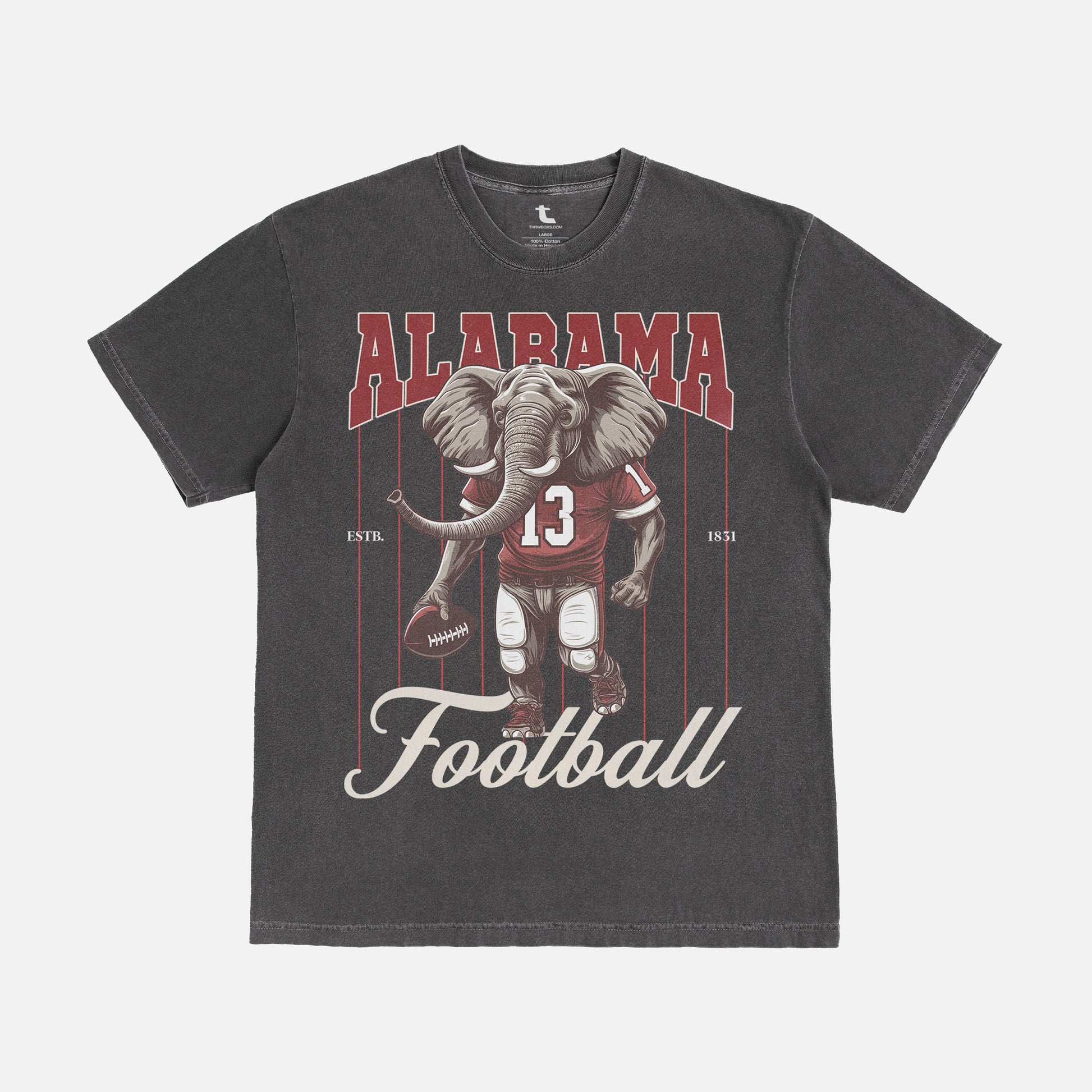 washed black oversized Alabama Crimson Tide elephant mascot graphic t-shirt for Bama football fans with retro vintage  red pinstripes