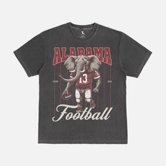 washed black oversized Alabama Crimson Tide elephant mascot graphic t-shirt for Bama football fans with retro vintage  red pinstripes