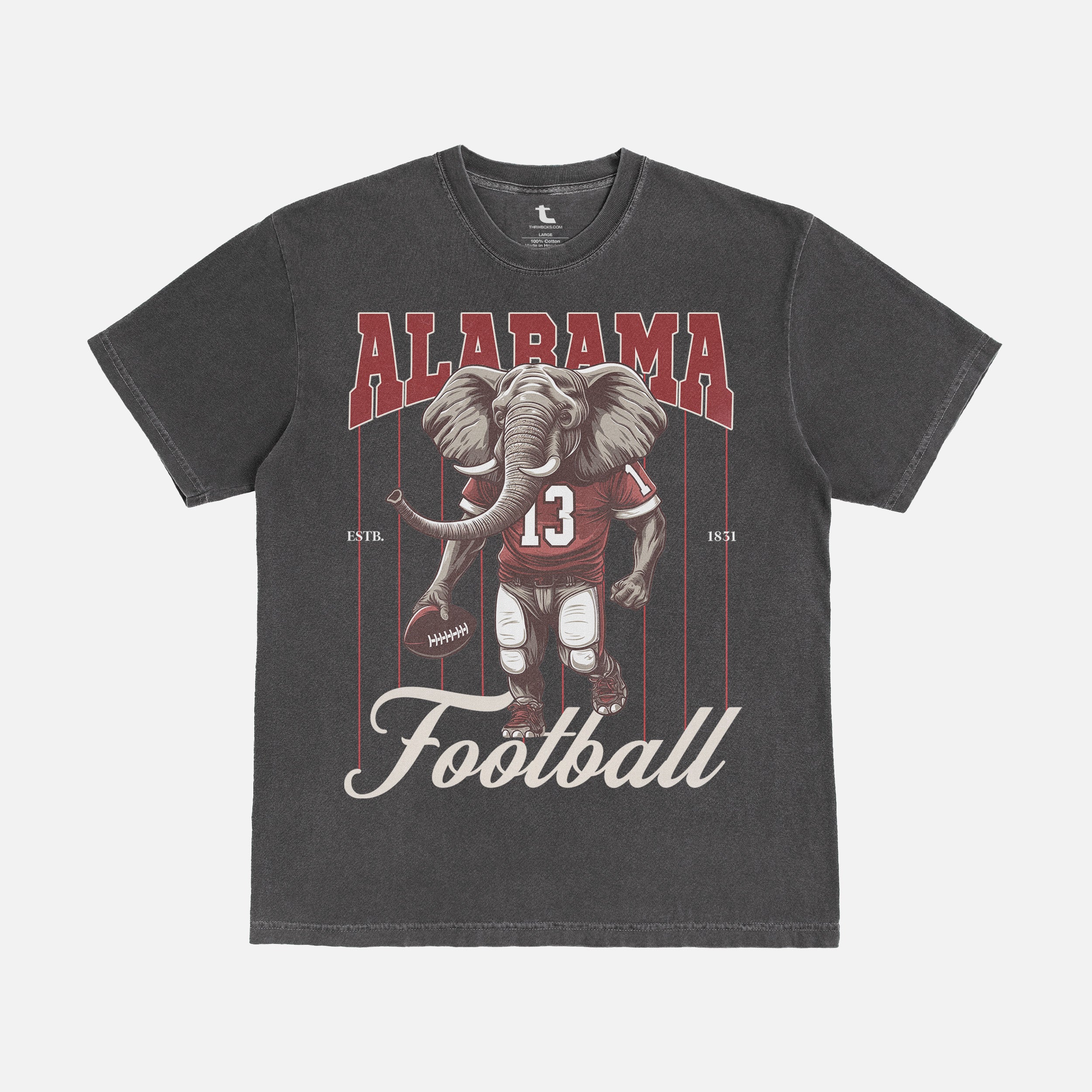 washed black oversized Alabama Crimson Tide elephant mascot graphic t-shirt for Bama football fans with retro vintage  red pinstripes