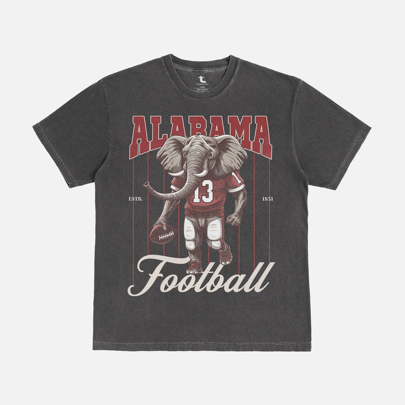washed black oversized Alabama Crimson Tide elephant mascot graphic t-shirt for Bama football fans with retro vintage  red pinstripes