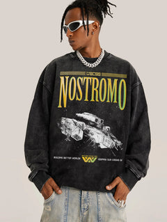 Distressed black oversized Alien 1979 movie streetwear sweatshirt with Weyland Yutani and USCSS Nostromo Logos for sale at Throwbacks