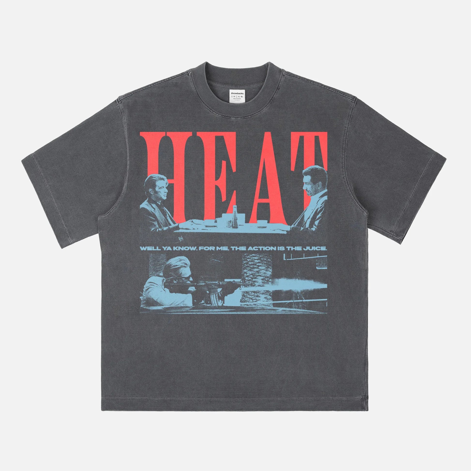 1995 Heat Movie Graphic t-shirt with grunge halftone illusration of the diner scene and Val Kilm street shootout on a faded black streetwear tee
