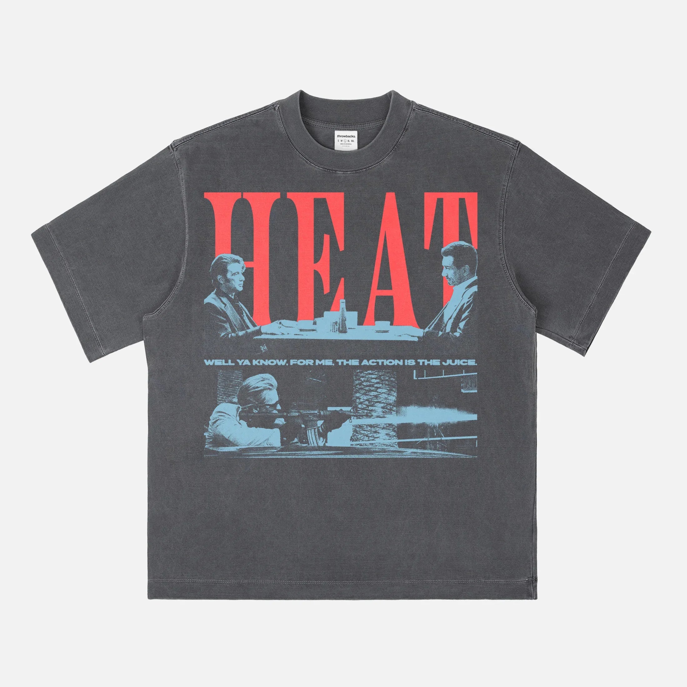 1995 Heat Movie Graphic t-shirt with grunge halftone illusration of the diner scene and Val Kilm street shootout on a faded black streetwear tee