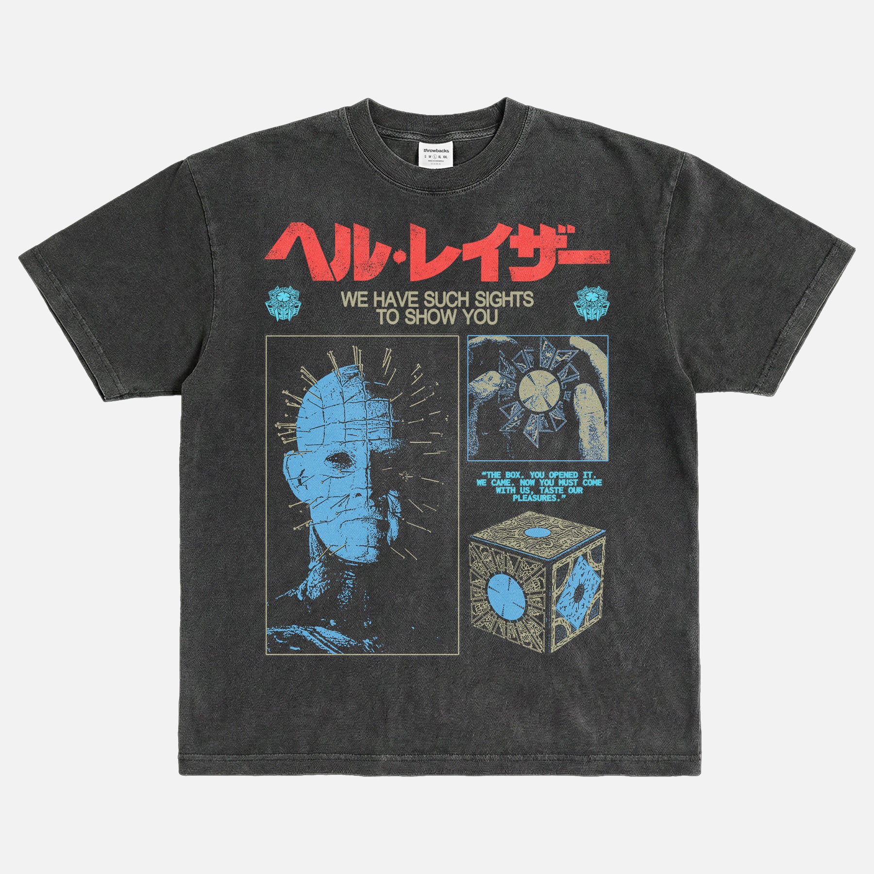 Distressed black and red Hellraiser 80s horror movie graphic tee shirt, grunge pinhead bootleg streetwear t-shirt with Japanese movie poster text