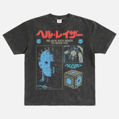 Distressed black and red Hellraiser 80s horror movie graphic tee shirt, grunge pinhead bootleg streetwear t-shirt with Japanese movie poster text
