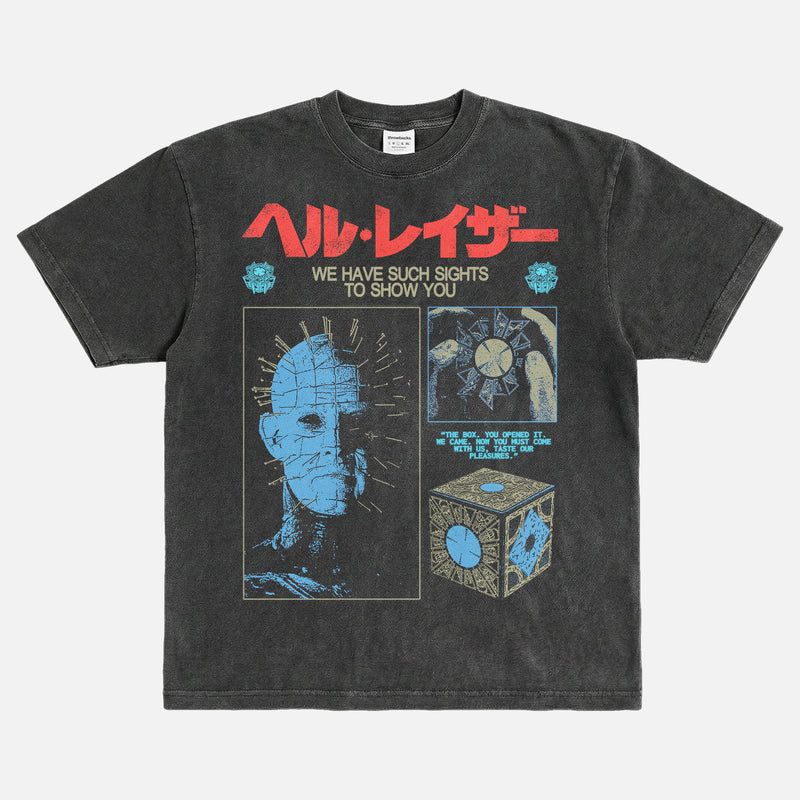 Distressed black and red Hellraiser 80s horror movie graphic tee shirt, grunge pinhead bootleg streetwear t-shirt with Japanese movie poster text