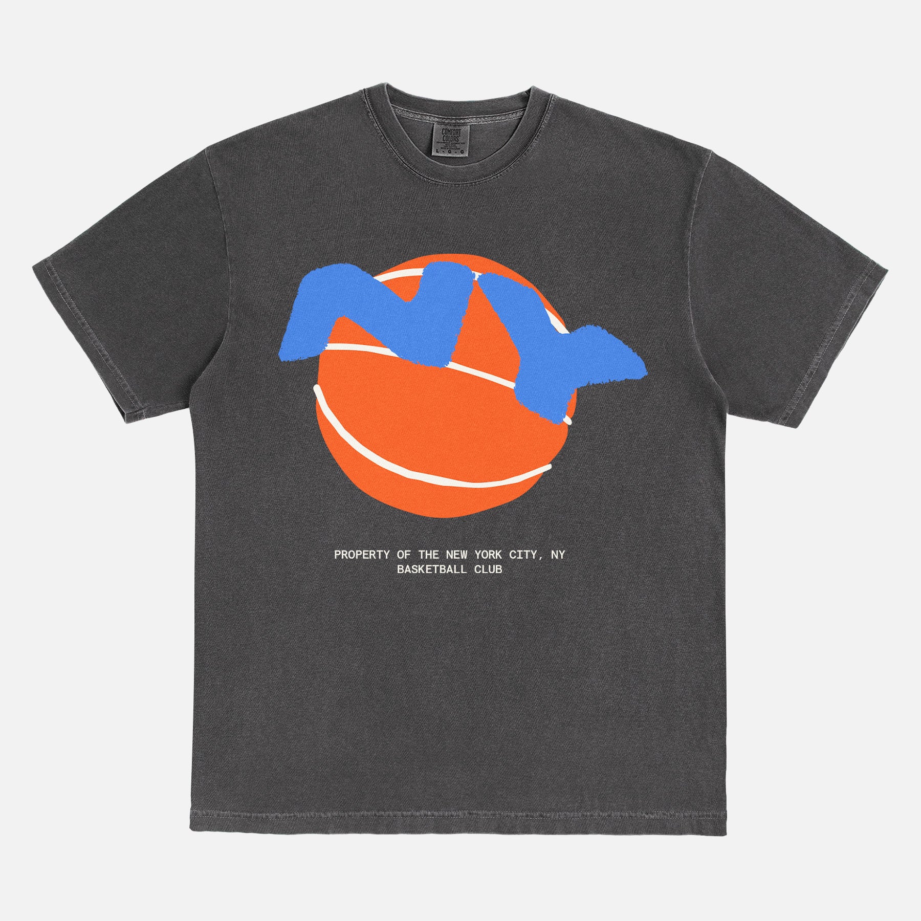 NY Knicks washed black streetwear t-shirt with orange and blue bball graphic on  an unisex faded black comfort colors graphic tee