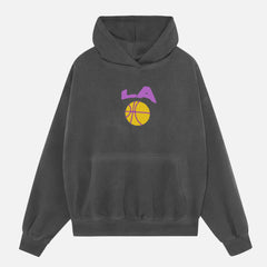 Los Angeles Lakers streetwear hoodie, distressed black medium heavy weight LA purple and gold basketball hoodie sweatshirt