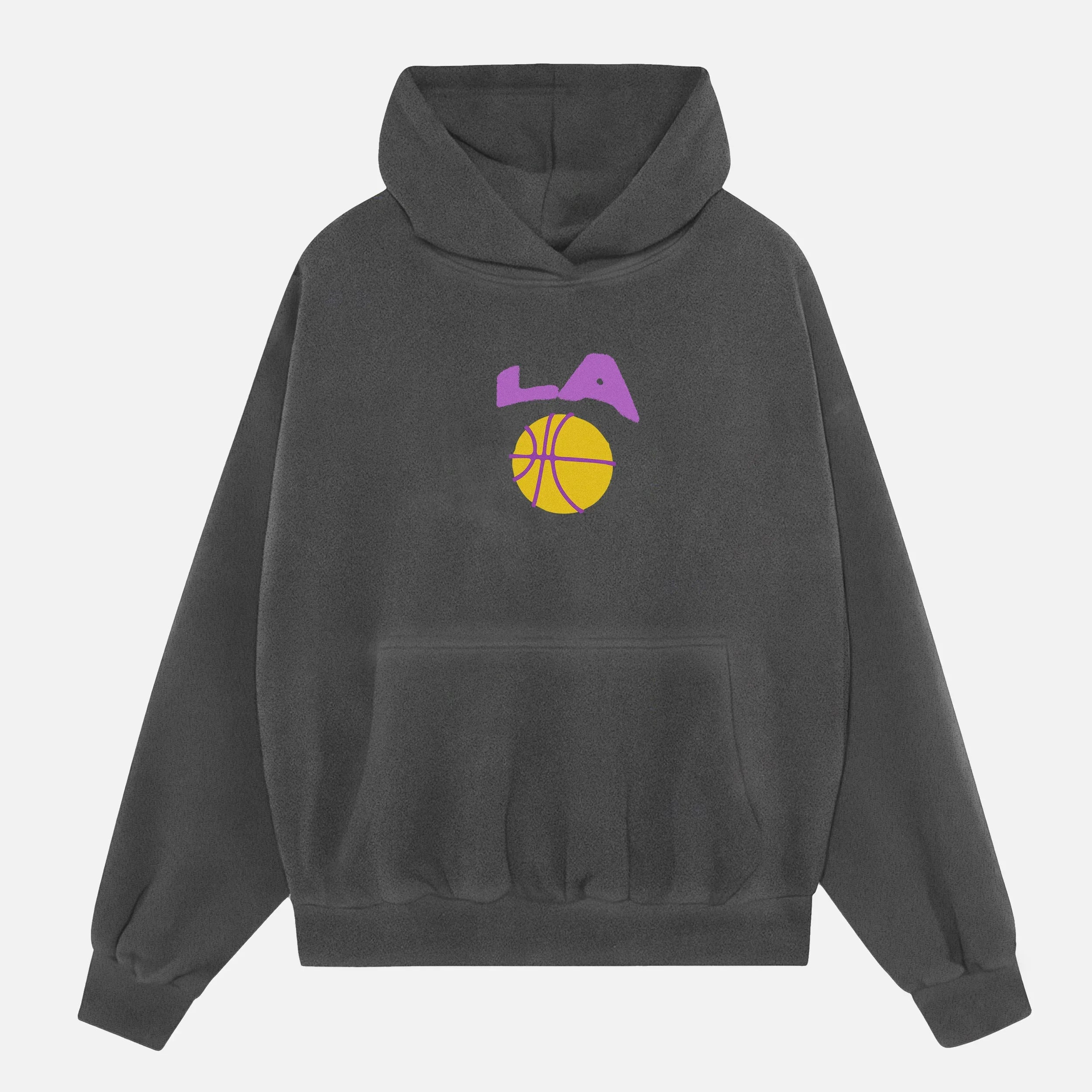Los Angeles Lakers streetwear hoodie, distressed black medium heavy weight LA purple and gold basketball hoodie sweatshirt