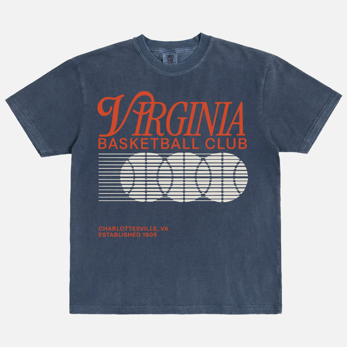 Cute retro Virginia Cavaliers basketball t-shirt with retro 90s college bball graphic on a faded navy comfort colors tee