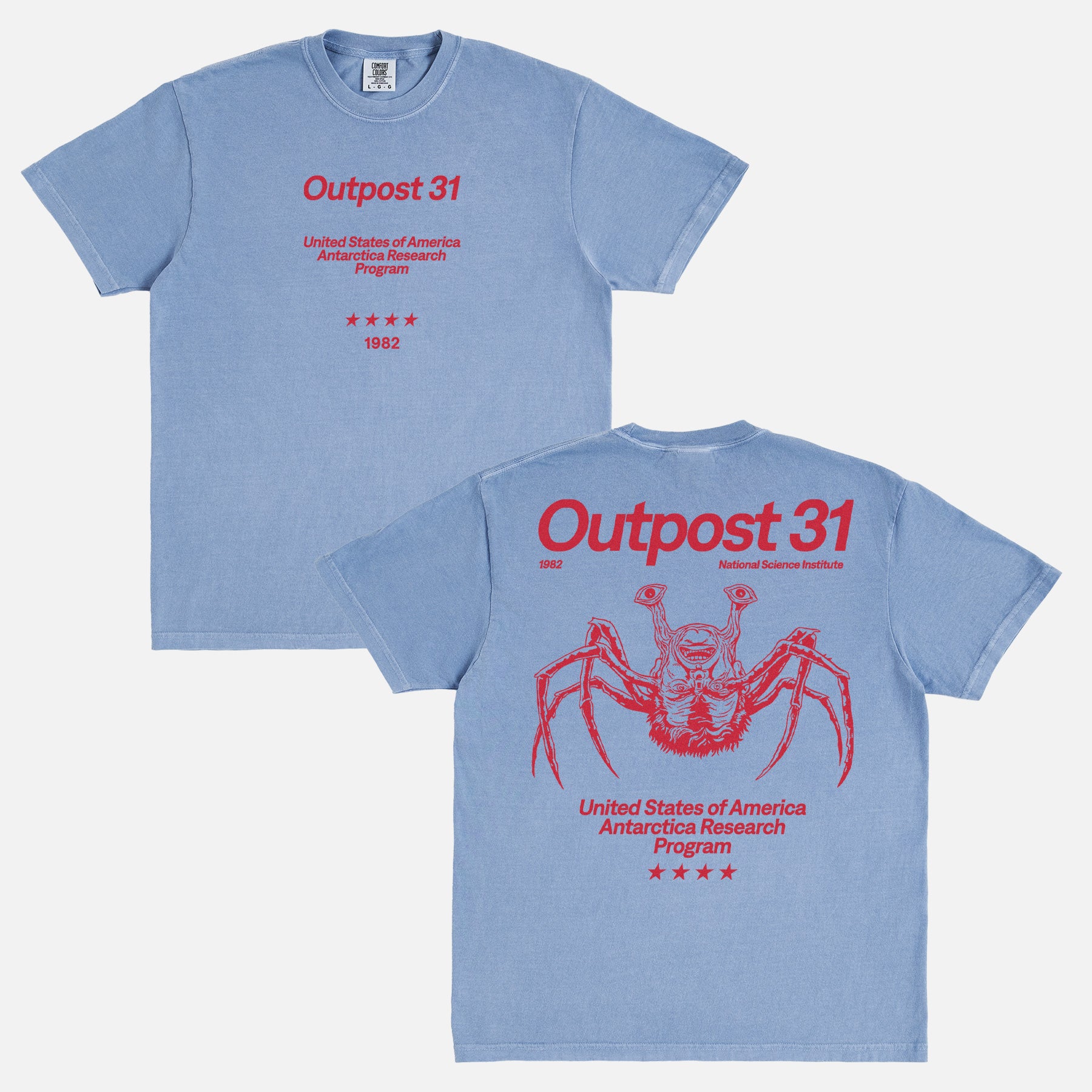 Vintage faded blue and red Outpost 31 Antarctica Research Program t-shirt, 1982 The THing horror movie comfort colors graphic tee for sale at Throwbacks