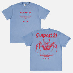 Vintage faded blue and red Outpost 31 Antarctica Research Program t-shirt, 1982 The THing horror movie comfort colors graphic tee for sale at Throwbacks