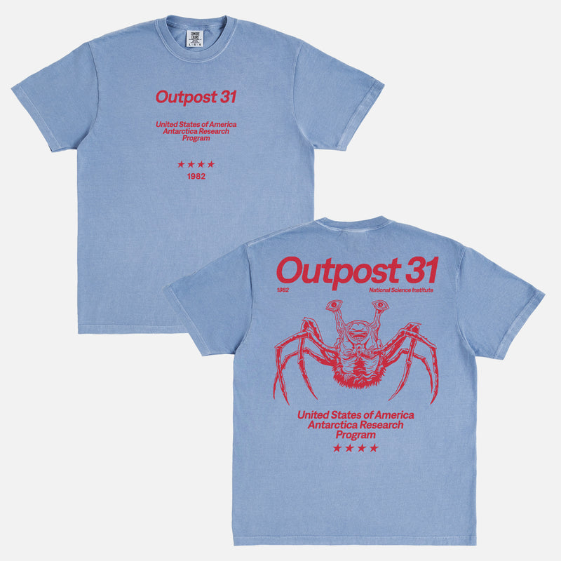 Vintage faded blue and red Outpost 31 Antarctica Research Program t-shirt, 1982 The THing horror movie comfort colors graphic tee for sale at Throwbacks
