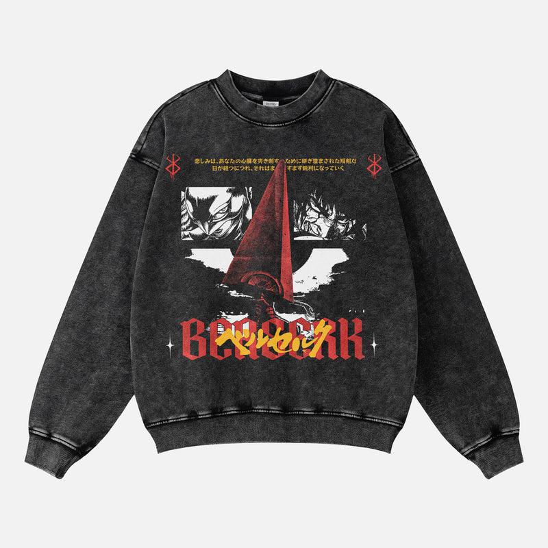Distressed oversized Berserk Anime Sweatshirt with Guts and the dragon slayer on a heavyweight black crewneck sweatshirt, anime streetwear for men and women for sale at Throwbacks