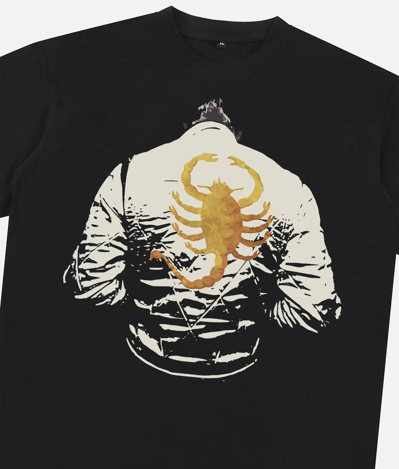 Retro Drive 2011 Movie streetwear graphic tee shirt with scorpion jacket movie poster art on black shirt