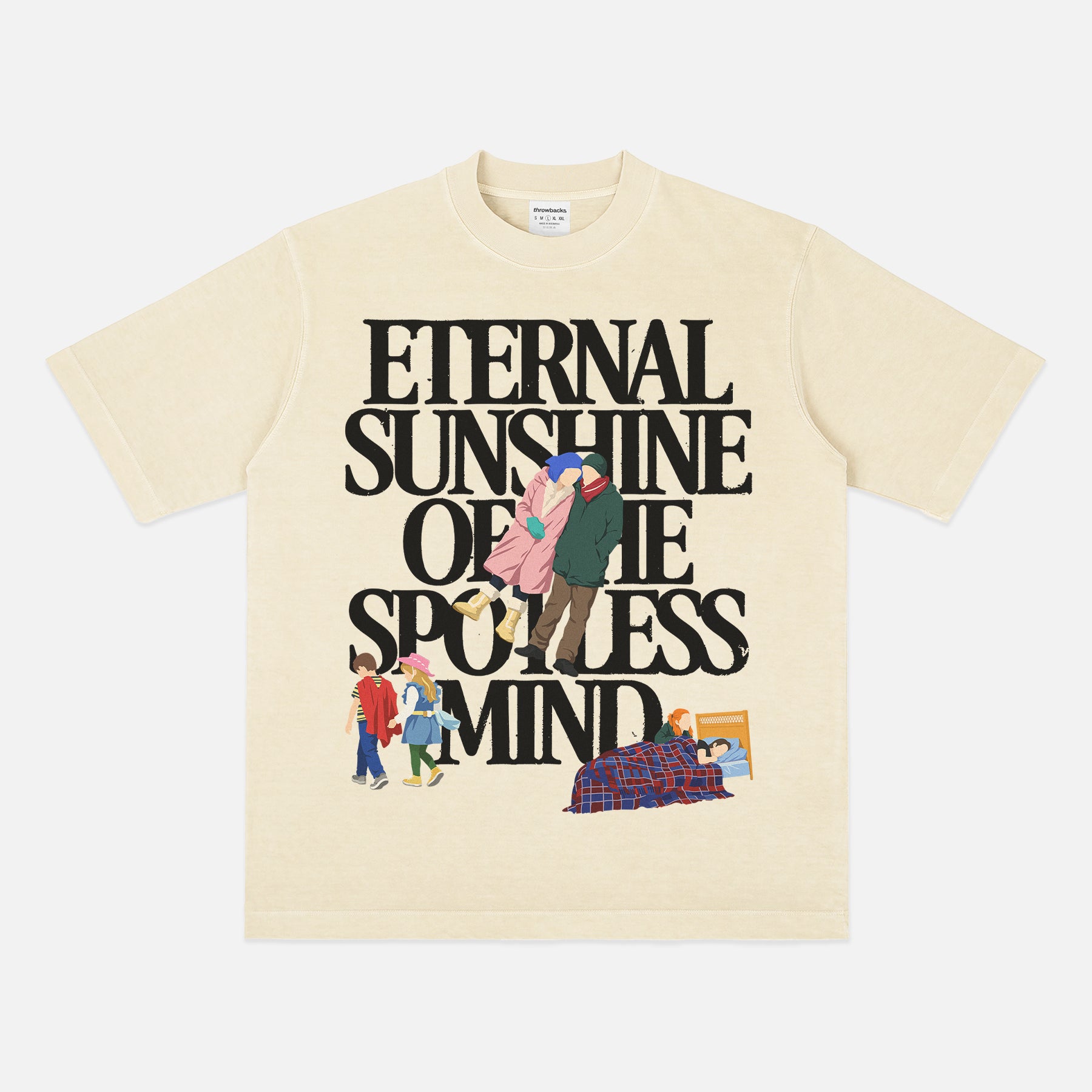 Cute Eternal Sunshine of the spotless mind movie t-shirt with large oversized front print illustrations of scenes from the movie on a vintage off white beige unisex graphic tee for sale at Throwbacks