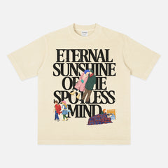 Cute Eternal Sunshine of the spotless mind movie t-shirt with large oversized front print illustrations of scenes from the movie on a vintage off white beige unisex graphic tee for sale at Throwbacks