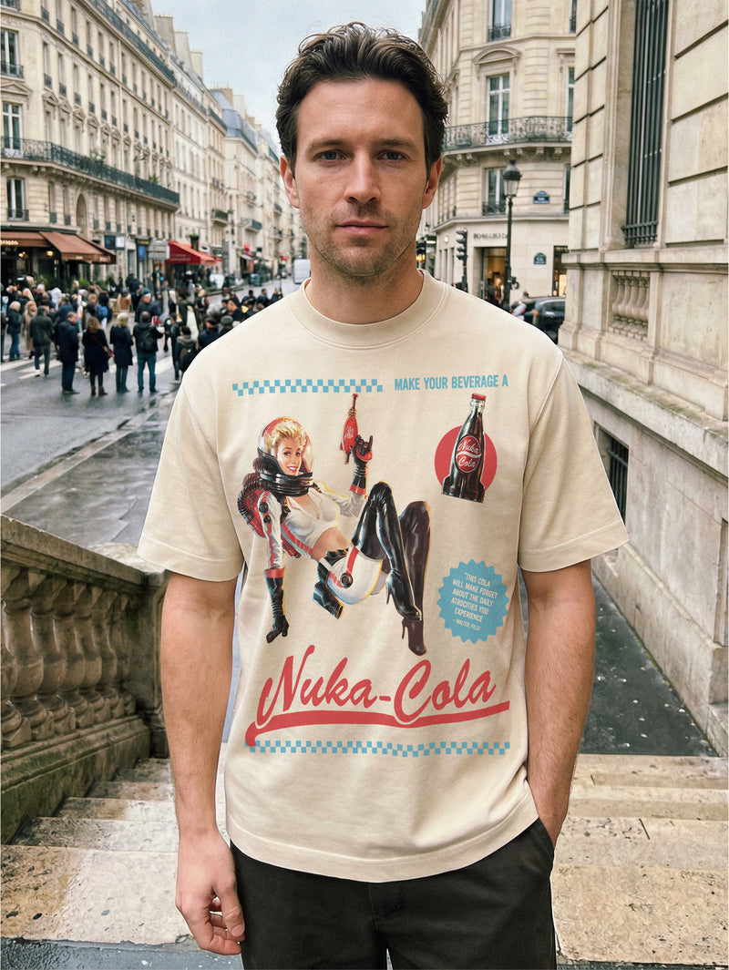 Retro oversized beige Nuka Cola Space Girl Graphic T-Shirt with vintage red and blue video game ad for Fallout fans