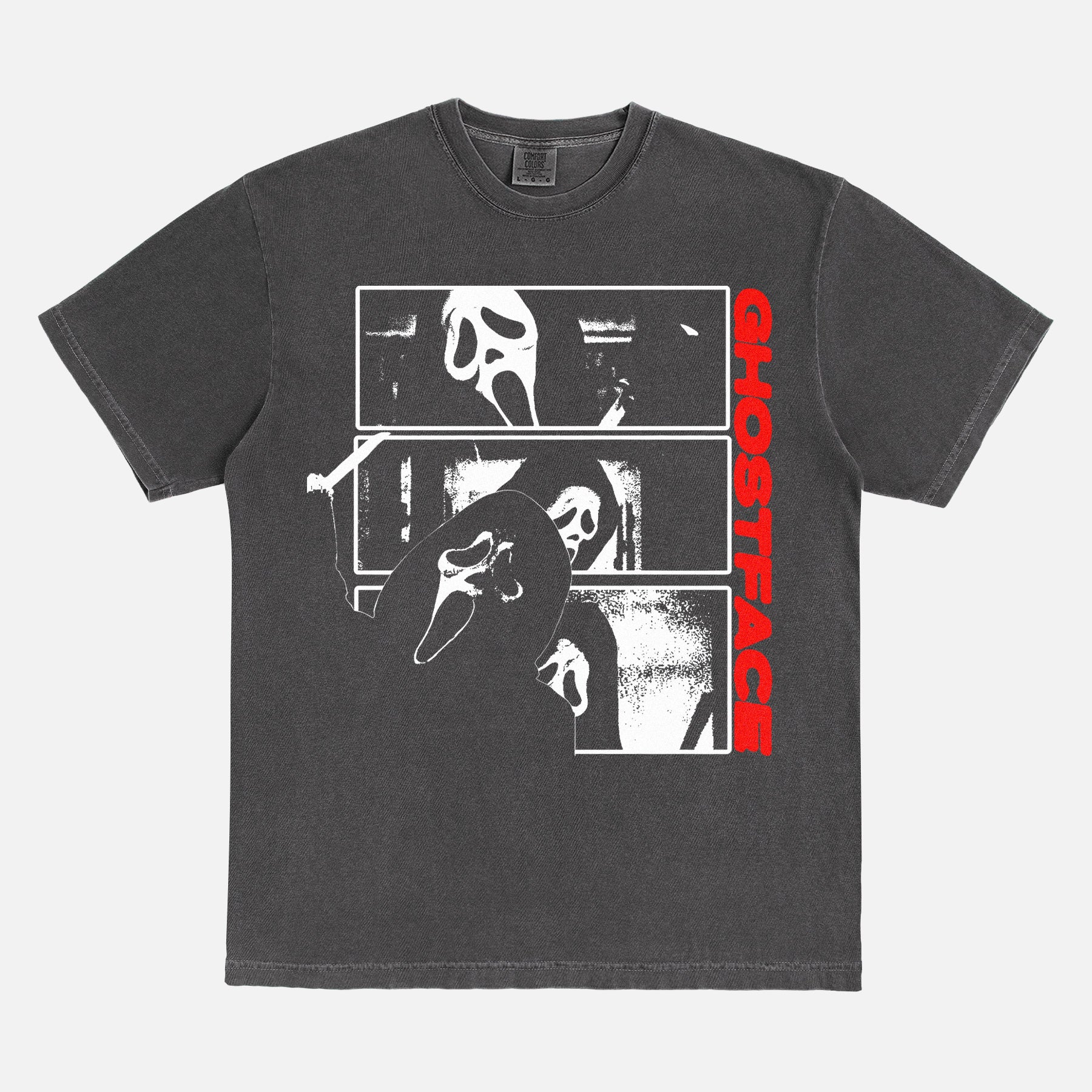 Distressed Scream Horror Movie Graphic T-shirt on heavyweight faded black cotton with layered Ghostface scenes and relaxed unisex fit for 90s slasher fans