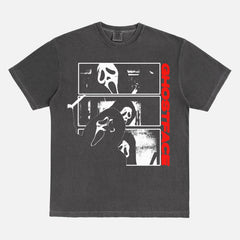 Distressed Scream Horror Movie Graphic T-shirt on heavyweight faded black cotton with layered Ghostface scenes and relaxed unisex fit for 90s slasher fans