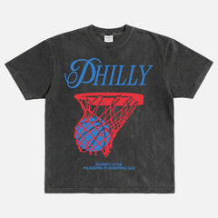 Retro washed black Philadelphia 76ers basketball t-shirt with vintage jersey script lettering streetwear art on a unisex graphic tee