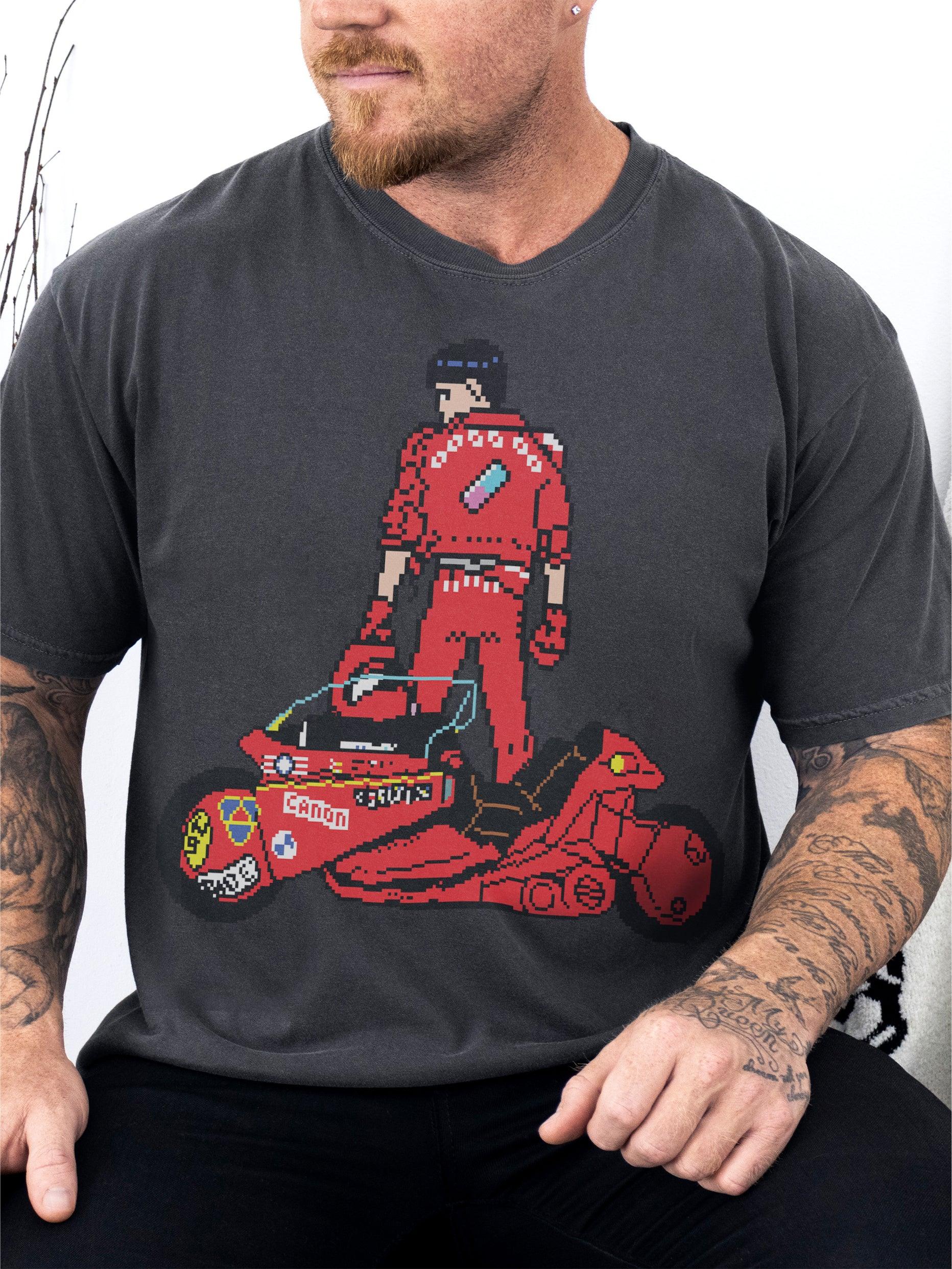 Retro Akira anime 8-bit graphic t-shirt for men and women, vintage heavyweight manga movie tee in distressed black