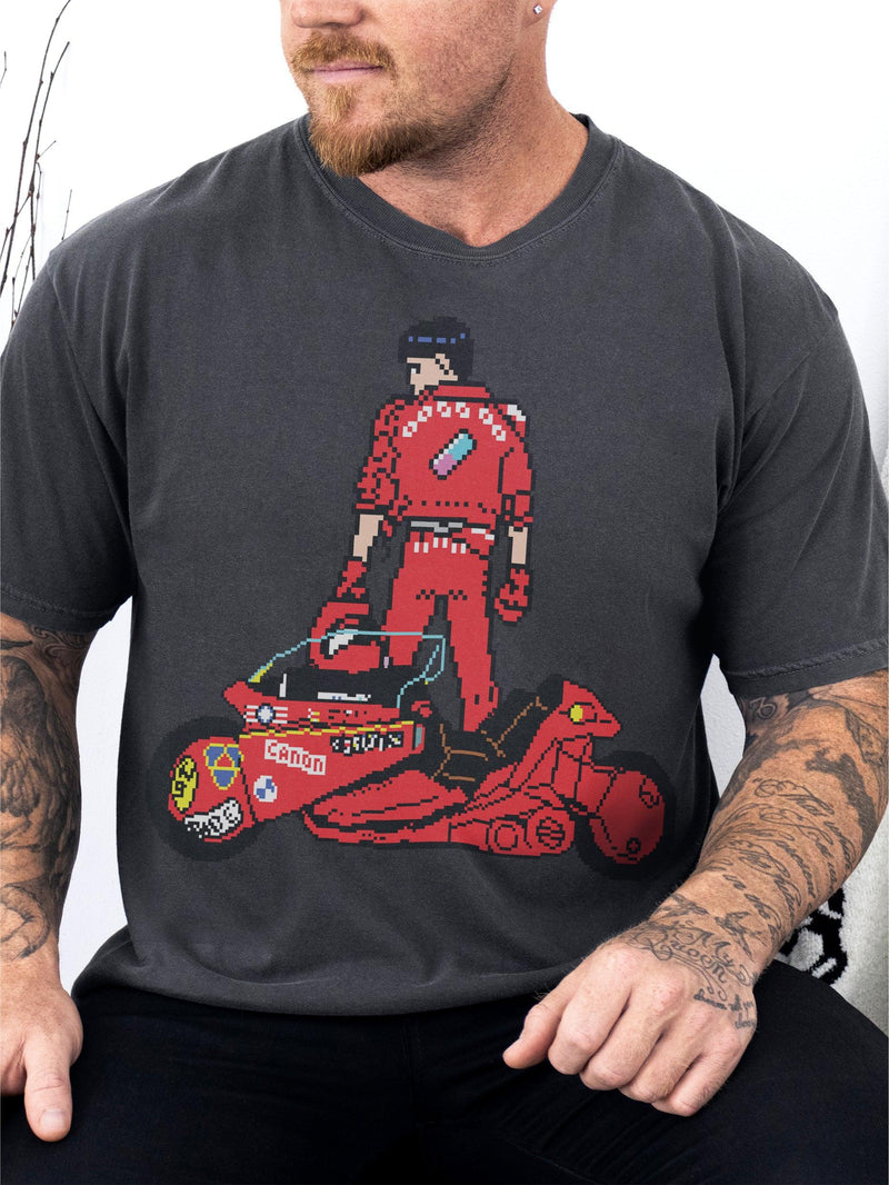 Retro Akira anime 8-bit graphic t-shirt for men and women, vintage heavyweight manga movie tee in distressed black