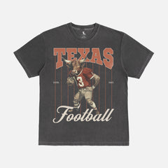 Vintage faded black and orange texas longhorns football mascot graphic t-shirt on Comfort Colors unisex tee for men and women