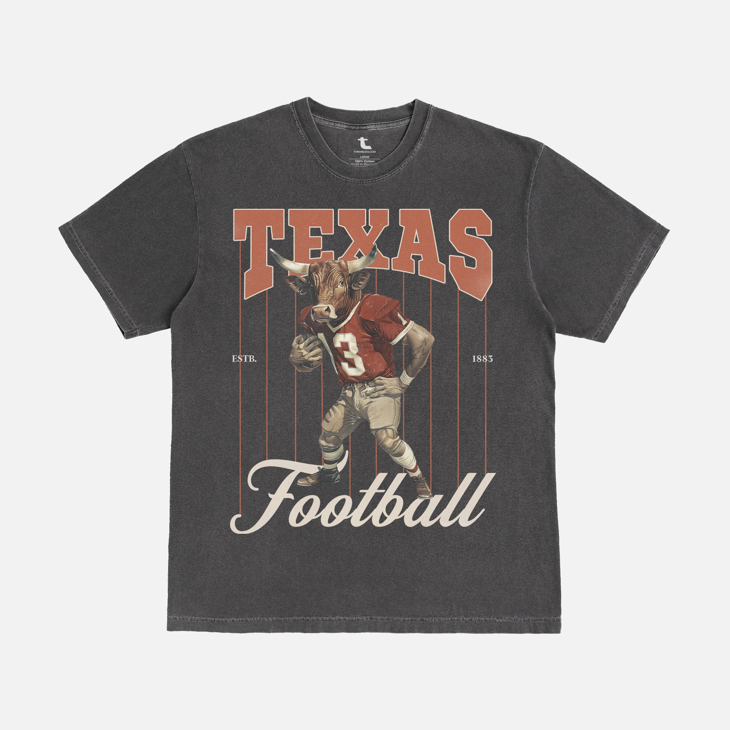 Vintage faded black and orange texas longhorns football mascot graphic t-shirt on Comfort Colors unisex tee for men and women