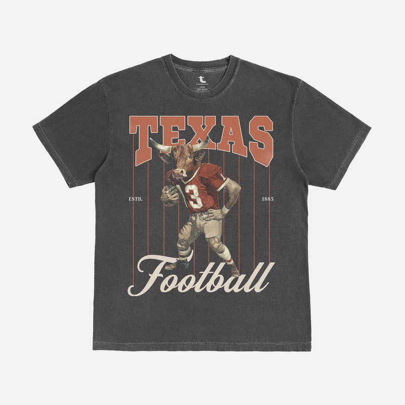 Vintage faded black and orange texas longhorns football mascot graphic t-shirt on Comfort Colors unisex tee for men and women