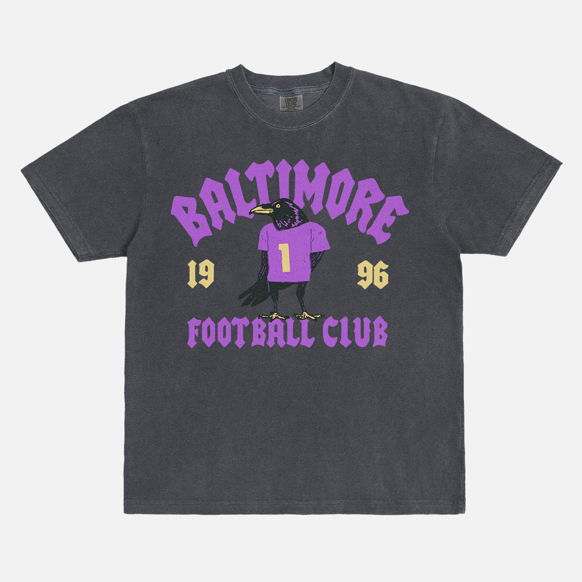 Retro black and purple Baltimore ravens nfl football fan graphic tee with streetwear text and raven mascot