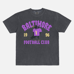 Retro black and purple Baltimore ravens nfl football fan graphic tee with streetwear text and raven mascot