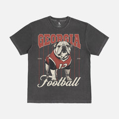 Vintage faded washed black Georgia Bulldogs graphic tee for Georgia football fans with vintage red pinstripes uggams mascot design for men and women
