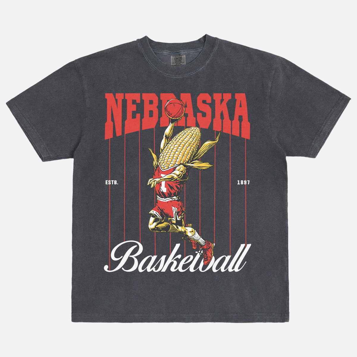 Vintage Nebraska Cornhuskers College Basketball Graphic T‑shirt with retro corn-on-the-cob mascot and pinstripes on an washed black bball tee for men and women