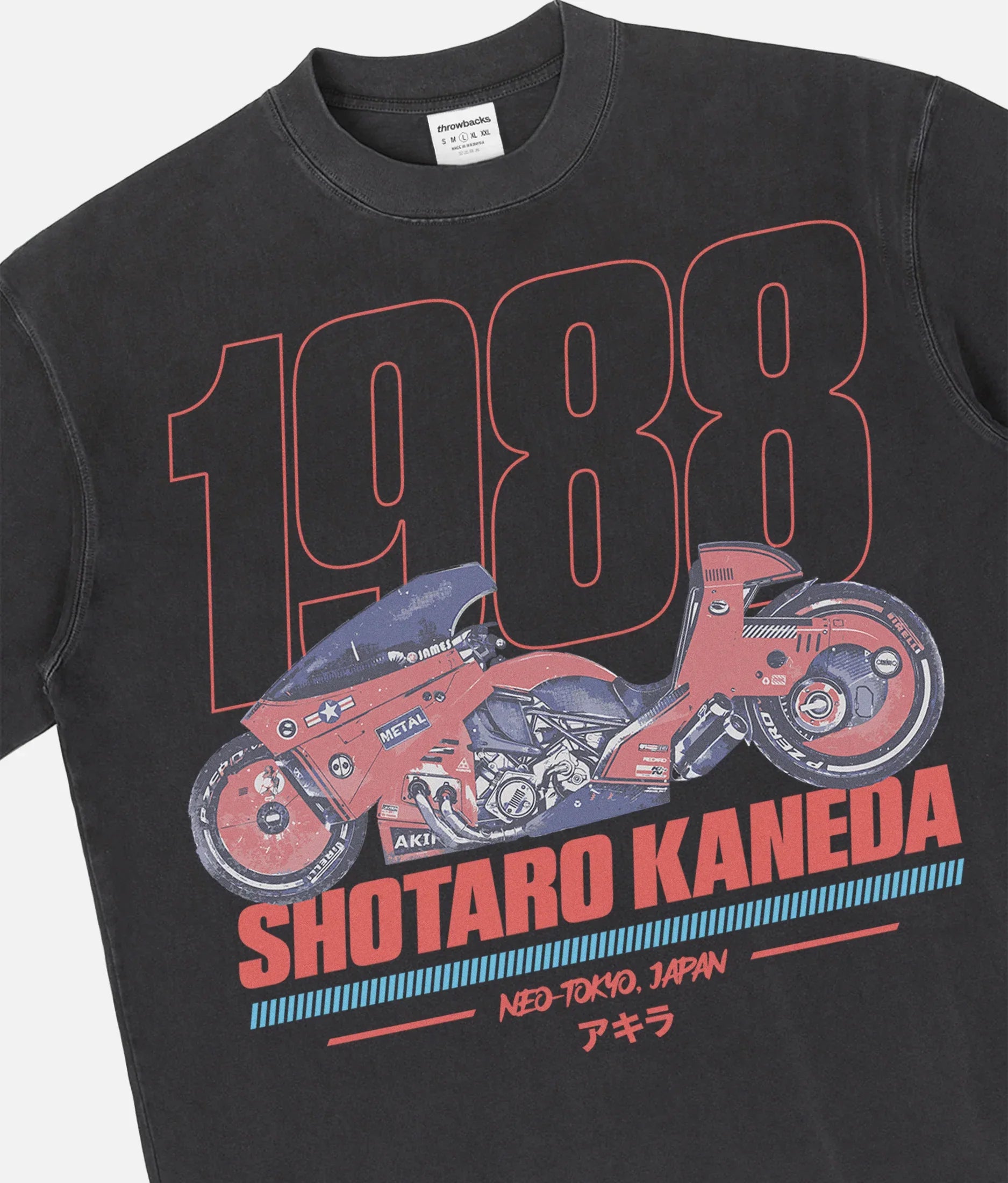cool faded black Akira motorcycle graphic tee shirt, distressed JDM style anime manga movie streetwear t-shirt with red and blue graphic