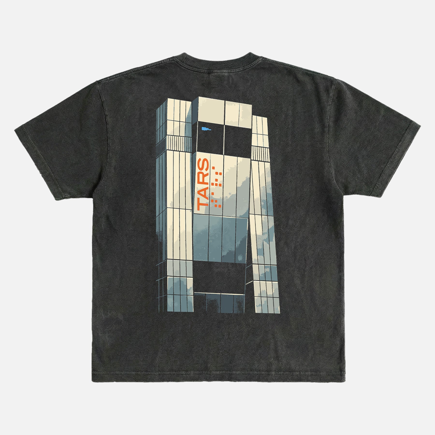 Christpher Nolan Interstellar Movie t-shirt, washed black streetwear style graphic tee with Tars illustration and logo
