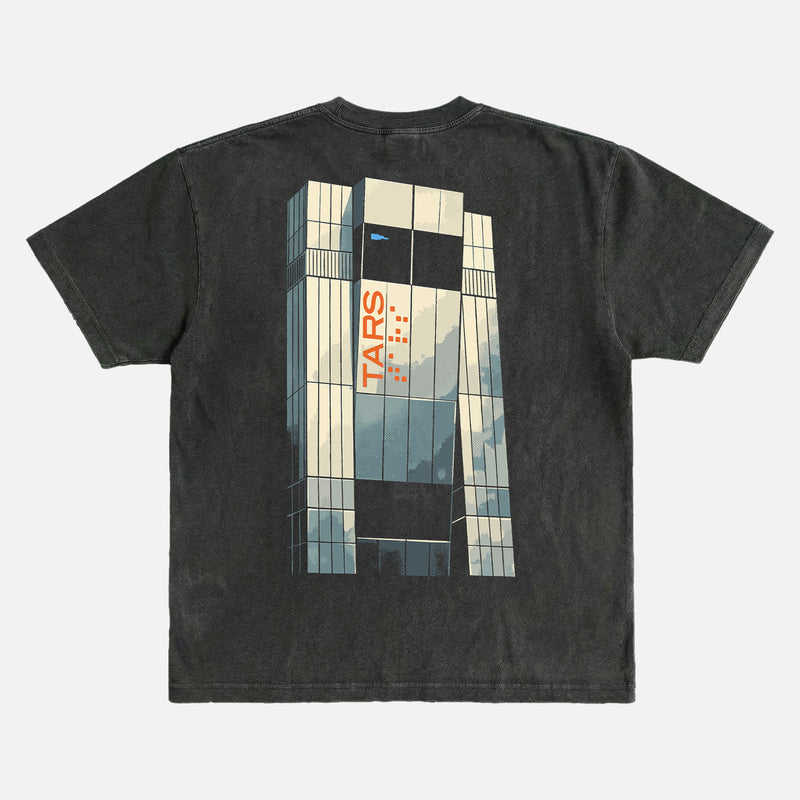 Christpher Nolan Interstellar Movie t-shirt, washed black streetwear style graphic tee with Tars illustration and logo