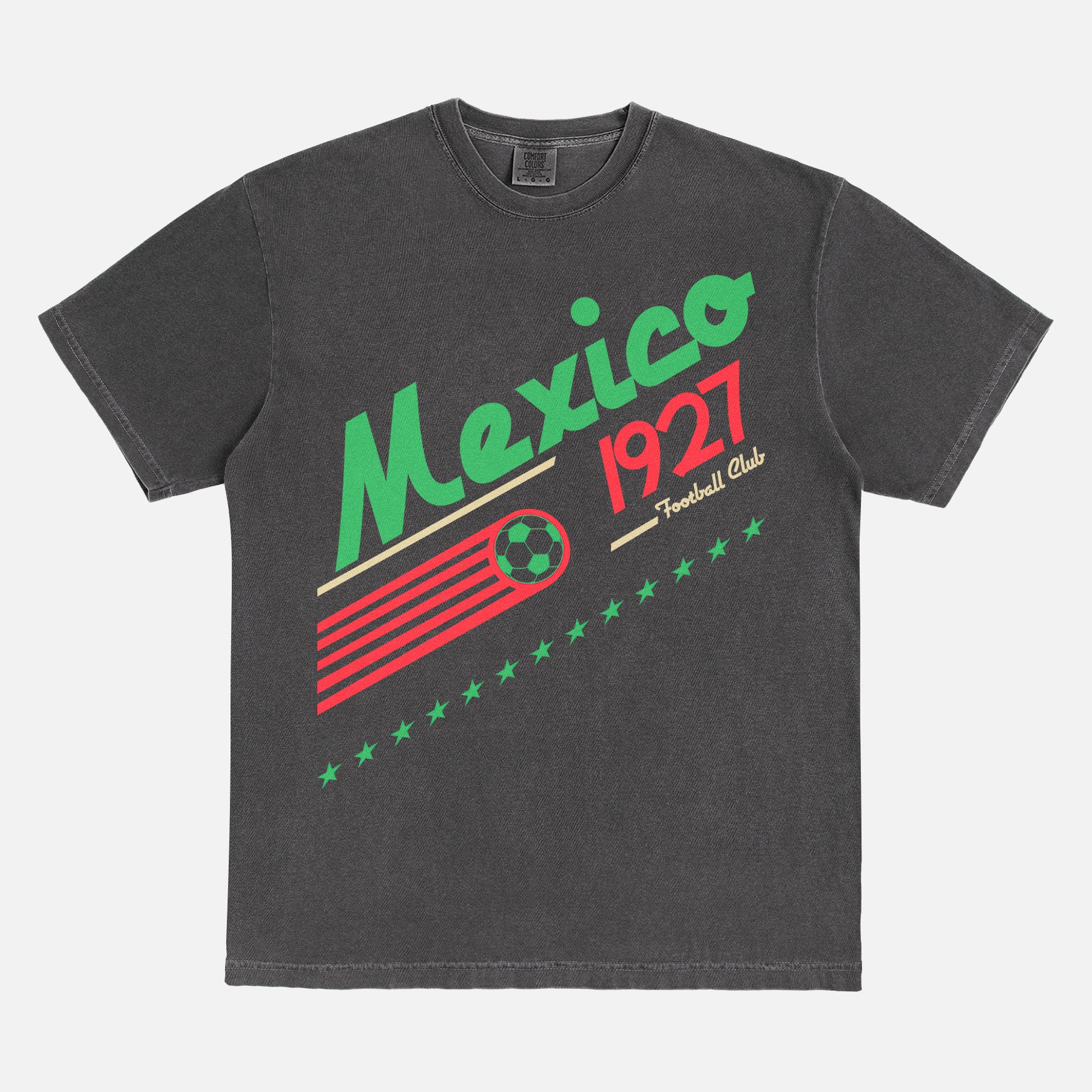 Retro Faded black Mexico Football Team World Cup Graphic t-shirt with old school 90s soccer design on a unisex comfort Colors tee