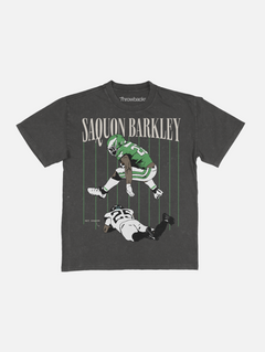 Saquon Barkley backward hurdle graphic t-shirt, faded washed black and kelly green Philadelphia Eagles football tee