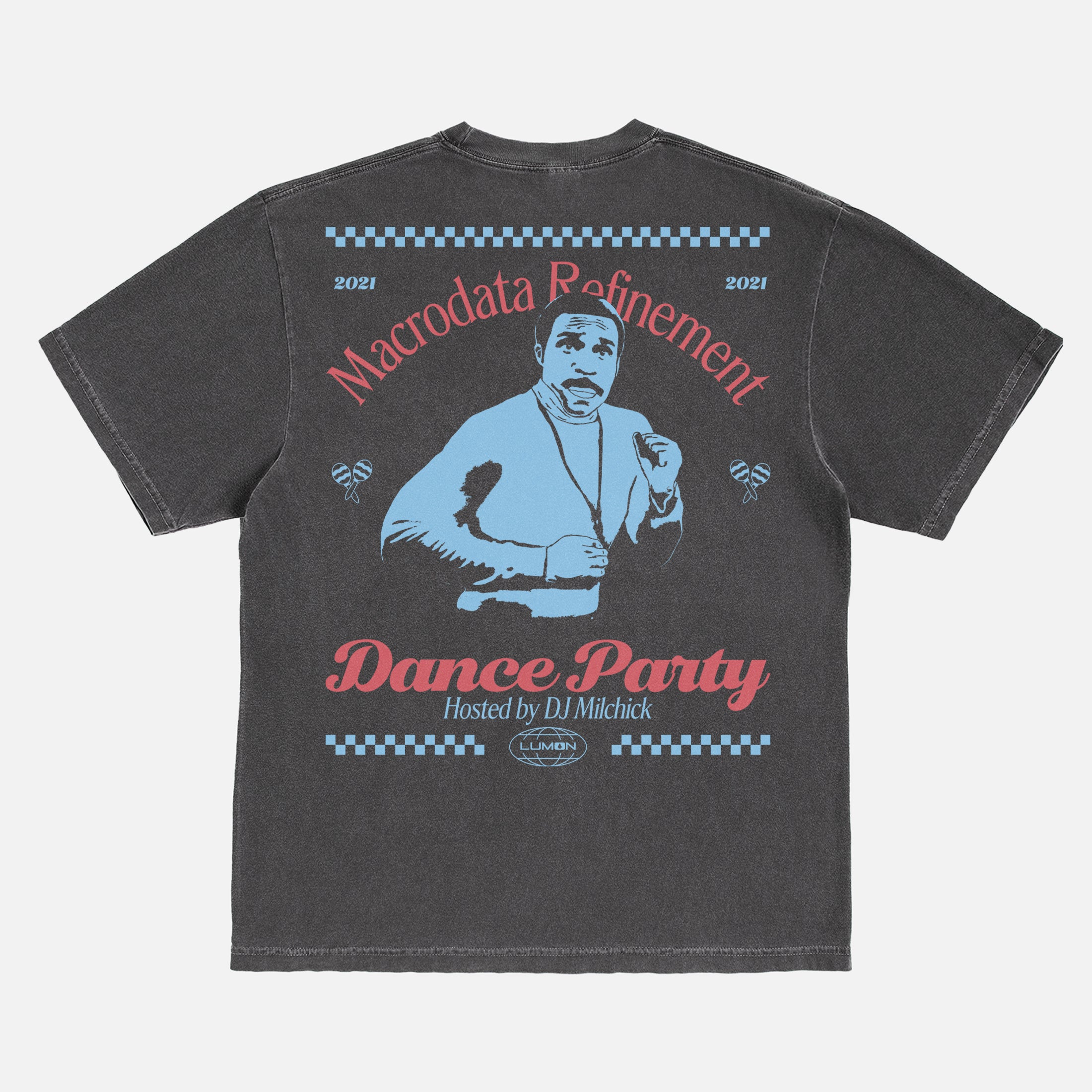 Funny Severance TV show graphic tee, black comfort colors Lumon macrodata refinement dance party t-shirt with front back print at throwbacks