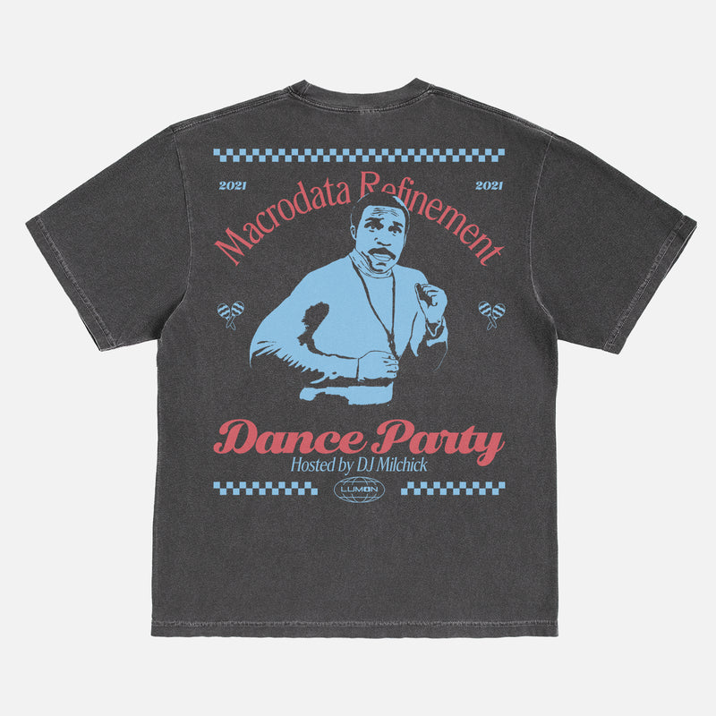Funny Severance TV show graphic tee, black comfort colors Lumon macrodata refinement dance party t-shirt with front back print at throwbacks