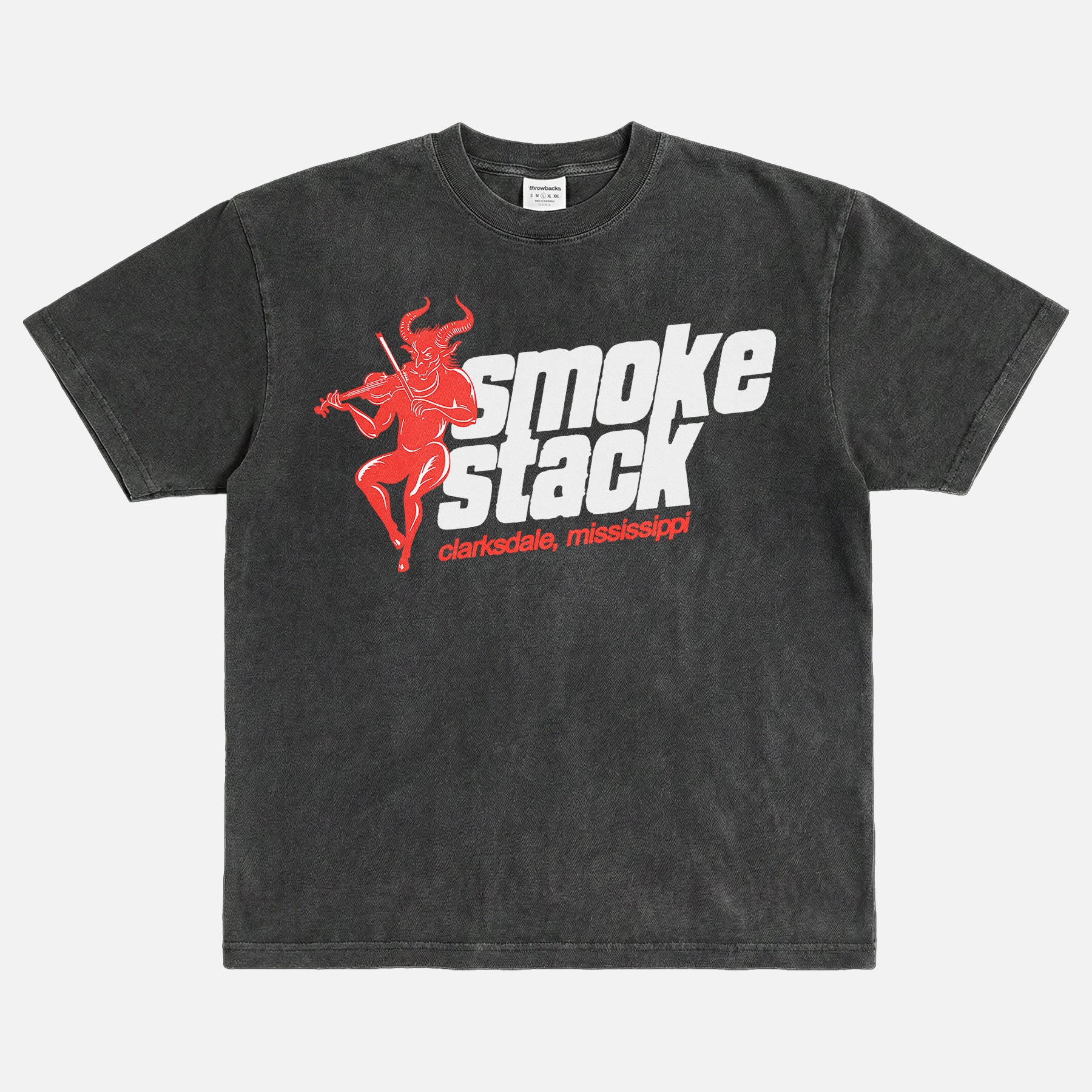 Smoke Stack Juke Joint logo t-shirt with devil music graphic and clarksdale, mississippi text on a washed black streetwear t-shirt for Ryan Coogler Sinners movie fans