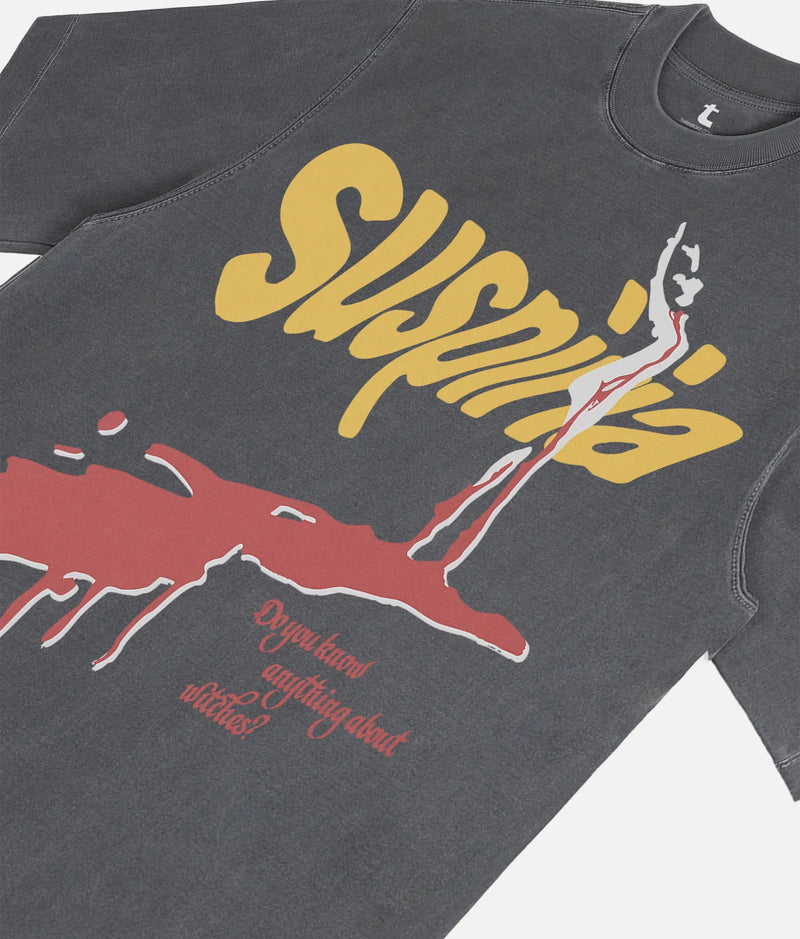 Suspiria 1977 movie poster graphic tee shirt, vintage faded black Italian horror movie t-shirt