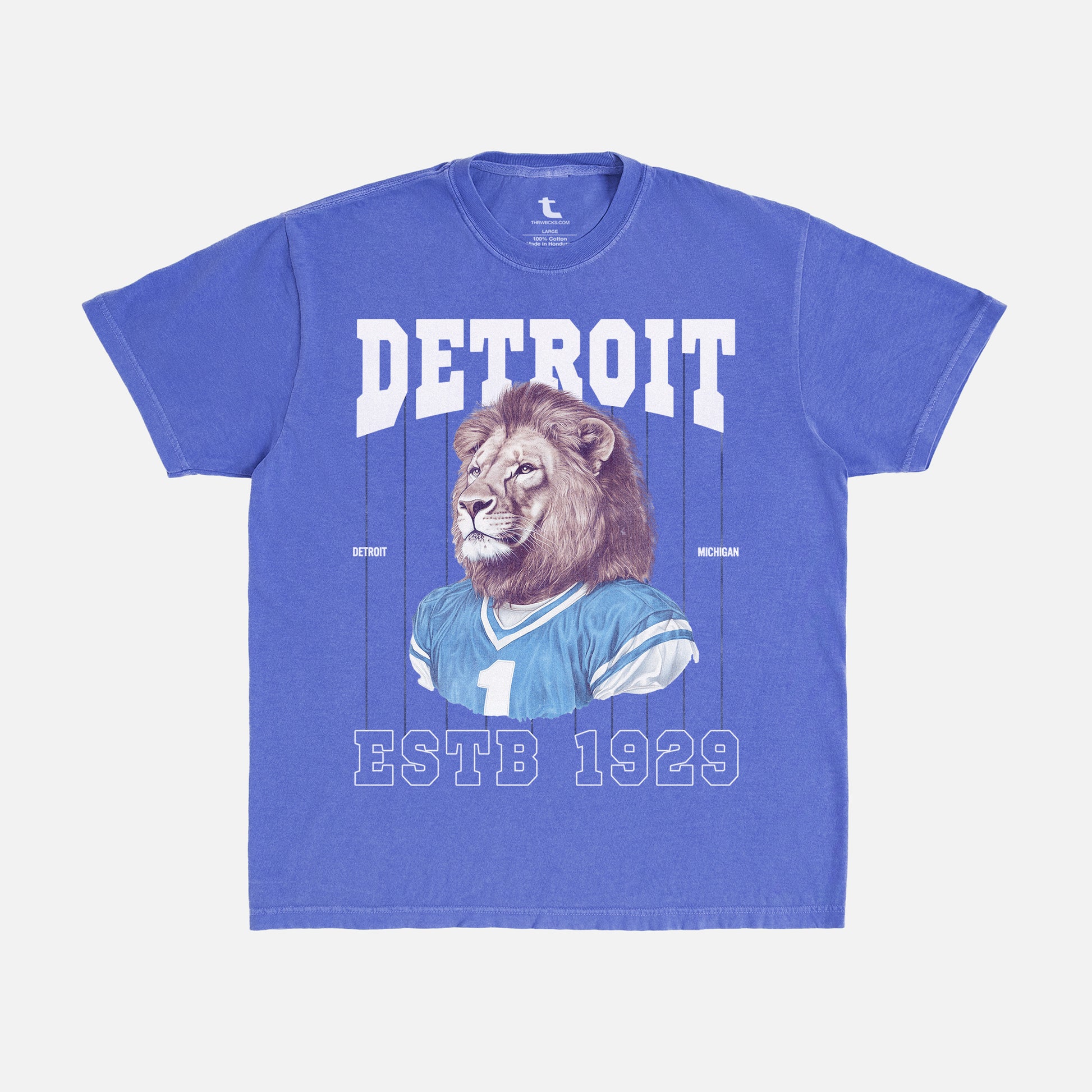 Retro washed blue Detroit Lions t-shirt on Comfort Colors unisex tee with vintage Lions mascot and pinstripes design