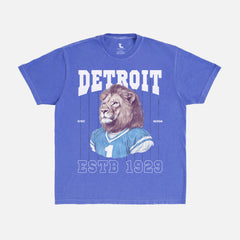 Retro washed blue Detroit Lions t-shirt on Comfort Colors unisex tee with vintage Lions mascot and pinstripes design