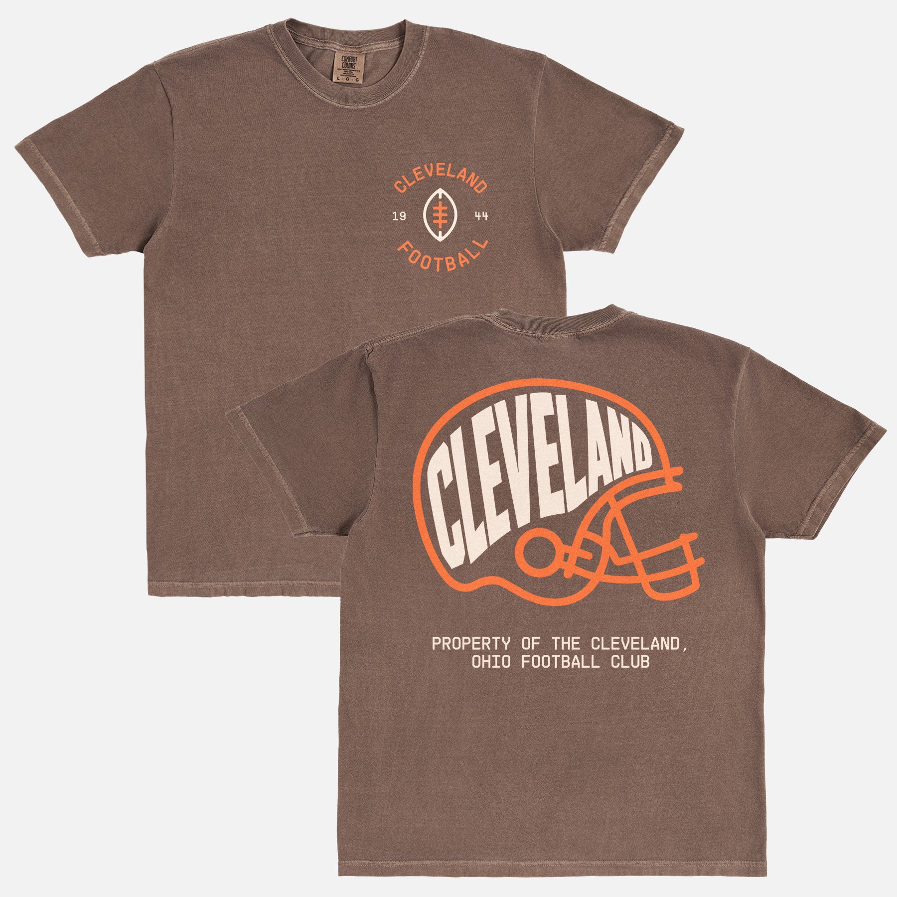 old school cleveland browns football t-shirt with retro browns logo on a washed brown comfort colors shirt