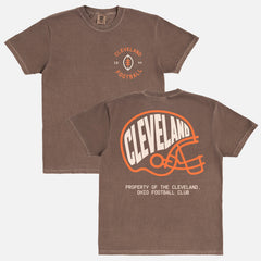 old school cleveland browns football t-shirt with retro browns logo on a washed brown comfort colors shirt
