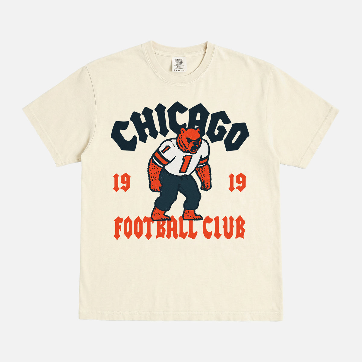 Vintage Chicago Bears NFL streetwear t-shirt with throwback retro bear mascot logo on a beige graphic tee