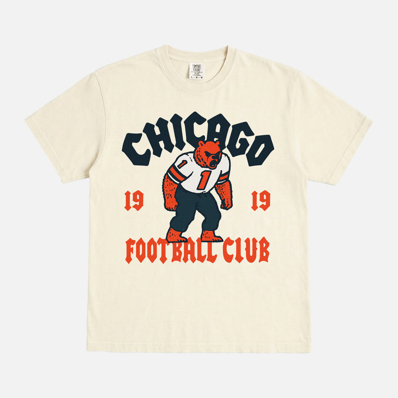 Vintage Chicago Bears NFL streetwear t-shirt with throwback retro bear mascot logo on a beige graphic tee