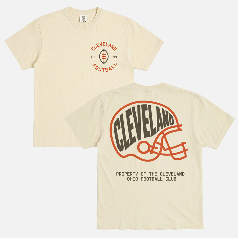 old school cleveland browns football t-shirt with retro browns logo on a washed beige comfort colors shirt